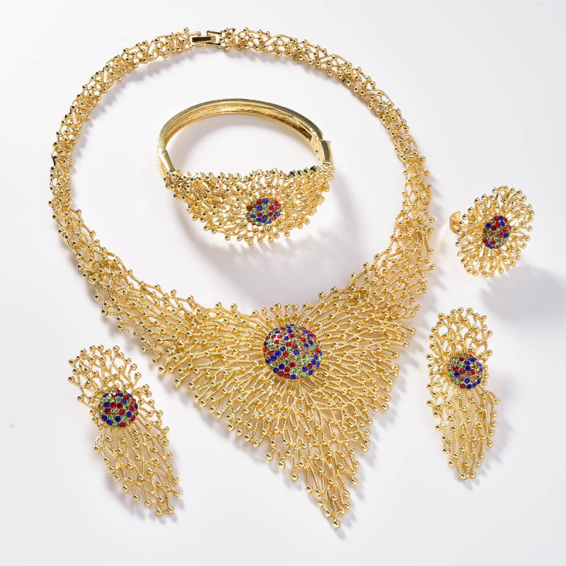 Set de bijuterii pentru mireasă: placat cu aur, cu rhinestone încrustat, colier, cercei, brățară și inel, pe lanț răsucit, design geometric, primăvara 2025, pentru femei