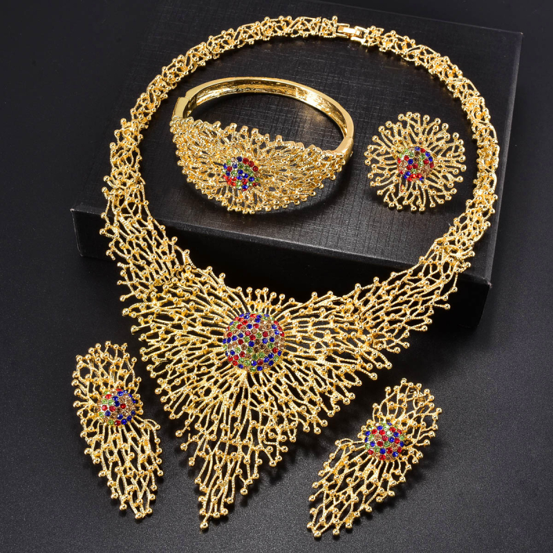 Set de bijuterii pentru mireasă: placat cu aur, cu rhinestone încrustat, colier, cercei, brățară și inel, pe lanț răsucit, design geometric, primăvara 2025, pentru femei