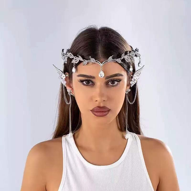 Set diadema za kosu s kapljicama rhinestona i naušnicama - cinkova zlitina, ručno izrađeno, originalni dizajn