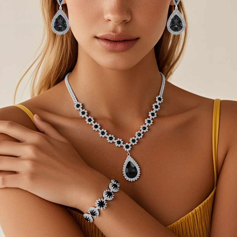 Set de bijuterii cu rhinestone pentru mireasă: Colier, Cercei în formă de picătură și brățară (Material: Rhinestone; Formă: Picătură; Lanț: Lanț normal; Brand: Lichunhua; Sezon: Iarna 2025)