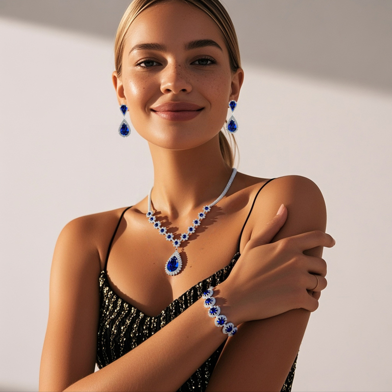 Set de bijuterii cu rhinestone pentru mireasă: Colier, Cercei în formă de picătură și brățară (Material: Rhinestone; Formă: Picătură; Lanț: Lanț normal; Brand: Lichunhua; Sezon: Iarna 2025)