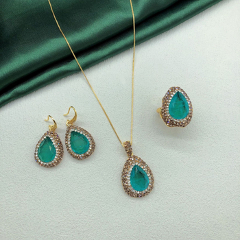 Set nakita: Paraiba materijal, dijamantno postavljen, kapkovitog oblika privjesak, kutija lanac, uključuje naušnice, ogrlicu i prsten