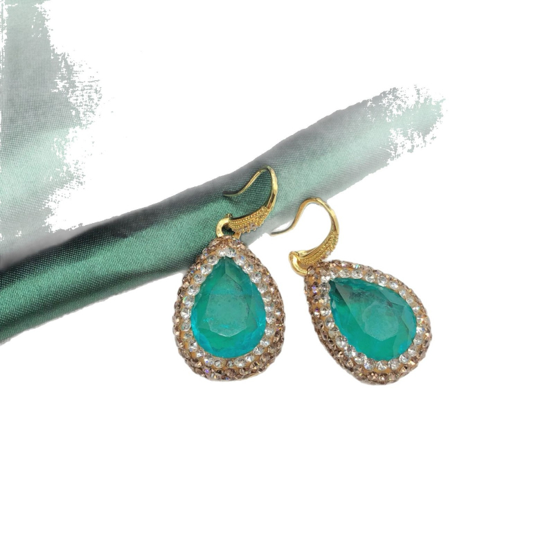 Set nakita: Paraiba materijal, dijamantno postavljen, kapkovitog oblika privjesak, kutija lanac, uključuje naušnice, ogrlicu i prsten