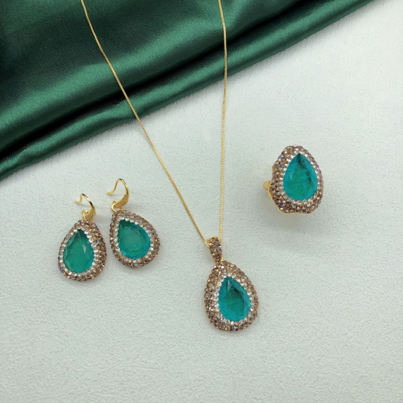 Set nakita: Paraiba materijal, dijamantno postavljen, kapkovitog oblika privjesak, kutija lanac, uključuje naušnice, ogrlicu i prsten