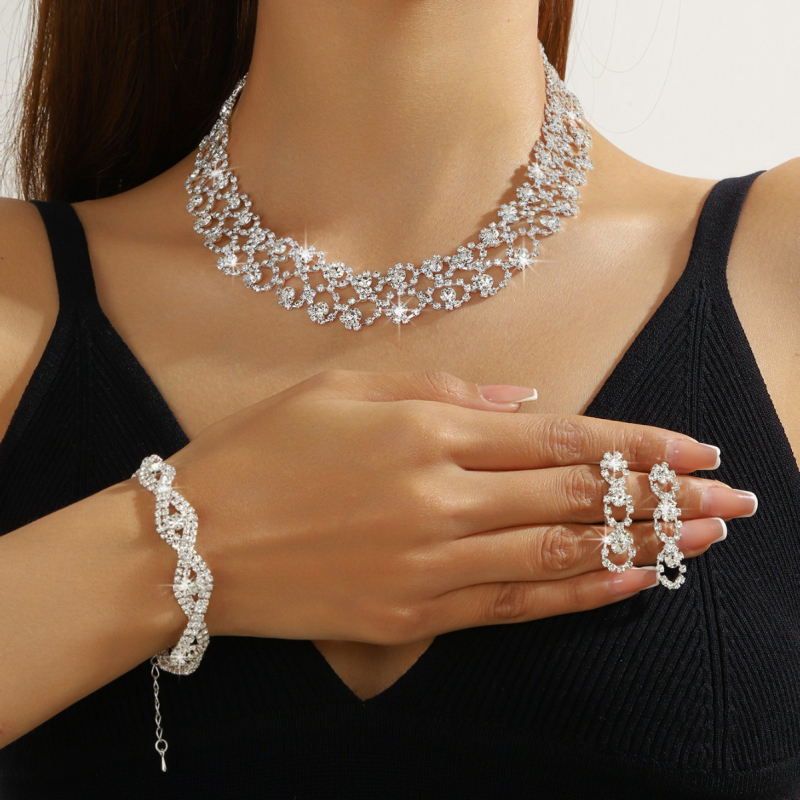 Set ogrlice i naušnica s umjetnim kristalima, Rhinestone privjesak, geometrijski dizajn, twist lanac