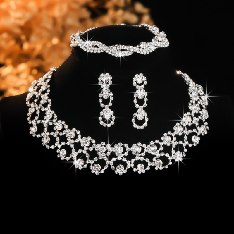 Set ogrlice i naušnica s umjetnim kristalima, Rhinestone privjesak, geometrijski dizajn, twist lanac