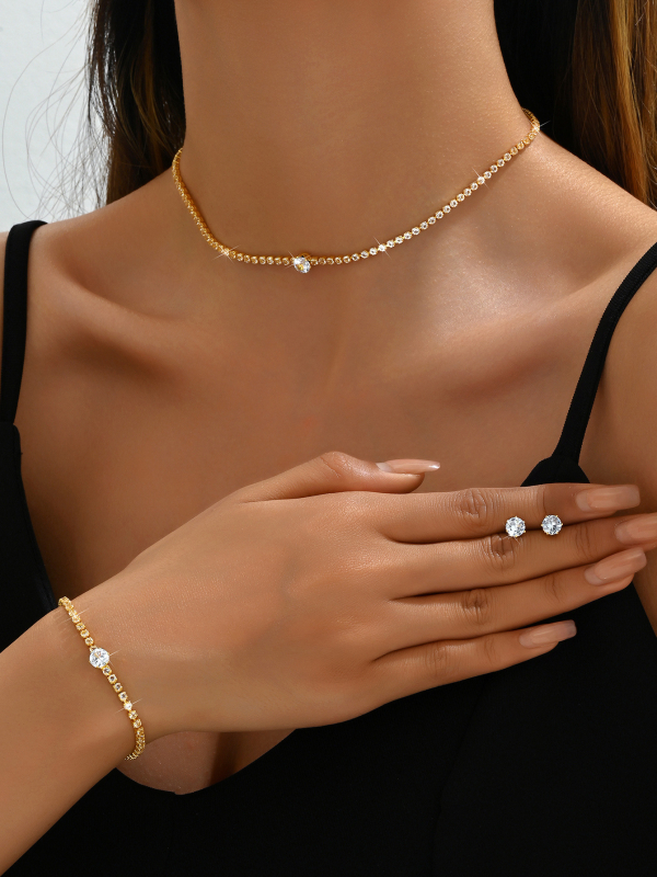 Set nakita s rhinestones: naušnice, ogrlica i dodaci za ruku; minimalistički stil, dijamantna obrada, uzorak zvijezda/sunce i mjesec/kosmos