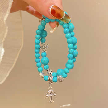 Гривна с тюркоаз и сплавни вставки от изкуствени камъни, винтидж стил, ръчна изработка