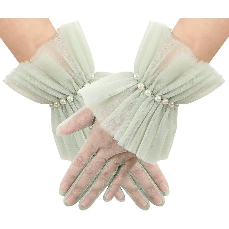 Ženske prozirne mrežaste rukavice s perlama, kratki pahuljasti til i volan na kraju
