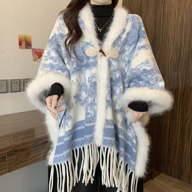 Ženski šal-pelerina - vintage etnički stil, poliester, tie-dye, krzneni ovratnik, zadržava toplinu zimi