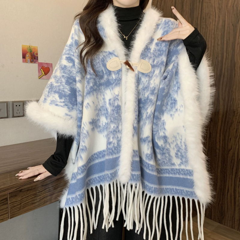 Ženski šal-pelerina - vintage etnički stil, poliester, tie-dye, krzneni ovratnik, zadržava toplinu zimi