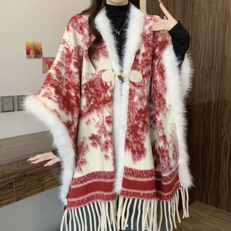 Ženski šal-pelerina - vintage etnički stil, poliester, tie-dye, krzneni ovratnik, zadržava toplinu zimi