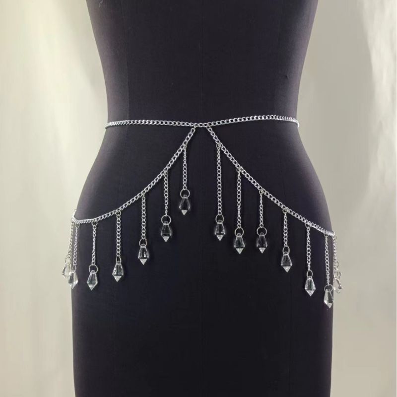 Női kristálytestlánc geometriás dizájnnal, bojtos medállal, beépített kristályokkal, ötvözetbe illesztett mesterséges gemek