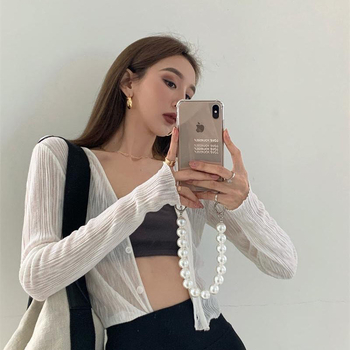 Женски корейски стил V-образно деколте плетен кардиган с дълъг ръкав, тънък полиестеров микс, UPF30+ слънцезащита, едноцветен дизайн, Regular кройка