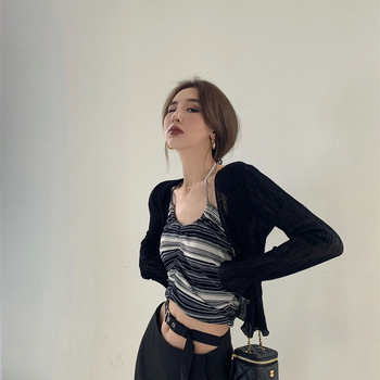 Женски корейски стил V-образно деколте плетен кардиган с дълъг ръкав, тънък полиестеров микс, UPF30+ слънцезащита, едноцветен дизайн, Regular кройка