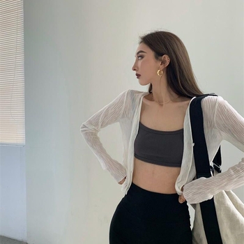 Женски корейски стил V-образно деколте плетен кардиган с дълъг ръкав, тънък полиестеров микс, UPF30+ слънцезащита, едноцветен дизайн, Regular кройка