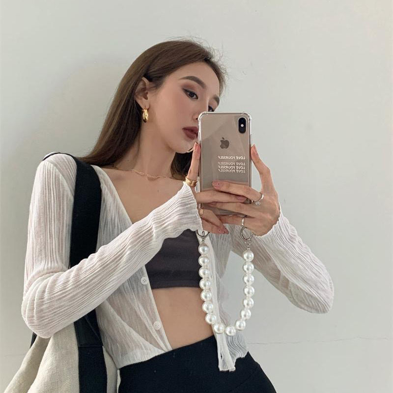 Женски корейски стил V-образно деколте плетен кардиган с дълъг ръкав, тънък полиестеров микс, UPF30+ слънцезащита, едноцветен дизайн, Regular кройка