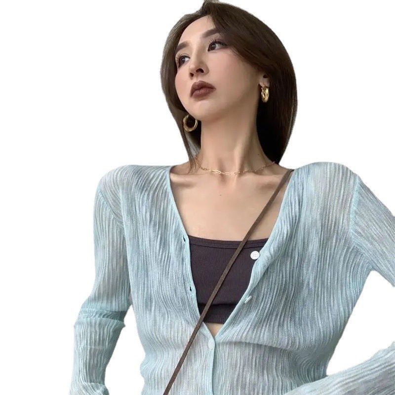Женски корейски стил V-образно деколте плетен кардиган с дълъг ръкав, тънък полиестеров микс, UPF30+ слънцезащита, едноцветен дизайн, Regular кройка