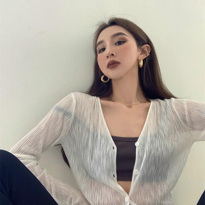 Женски корейски стил V-образно деколте плетен кардиган с дълъг ръкав, тънък полиестеров микс, UPF30+ слънцезащита, едноцветен дизайн, Regular кройка