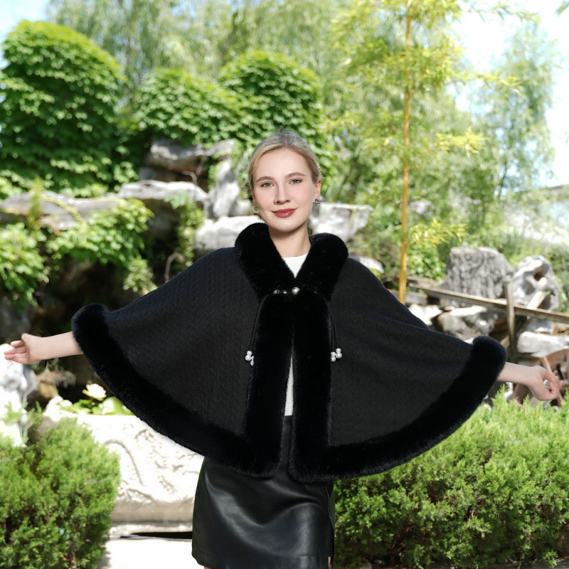 Pelerina-šal – pleteni materijal, krzno ovratnik, za jesen i zimu, elegantan etnički stil