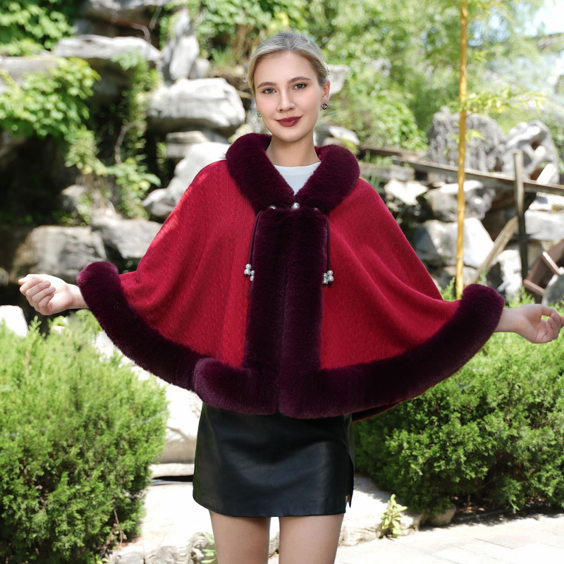 Pelerina-šal – pleteni materijal, krzno ovratnik, za jesen i zimu, elegantan etnički stil