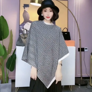 Γυναικείο φουλάρι λαιμού με κούμπωμα, διπλής χρήσης μανδύας-φουλάρι, ακρυλικό, ύφανση warp, ριγέ μοτίβο, κομψό στυλ