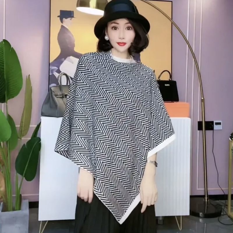 Γυναικείο φουλάρι λαιμού με κούμπωμα, διπλής χρήσης μανδύας-φουλάρι, ακρυλικό, ύφανση warp, ριγέ μοτίβο, κομψό στυλ