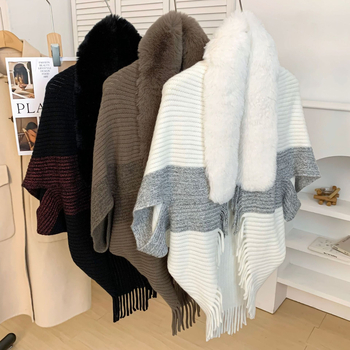 Zimska pletena pelerina-šal s krznom na ovratniku, warp-pleteni Jacquard, poliestersko vlakno, trokutasti stil šala, održava toplinu