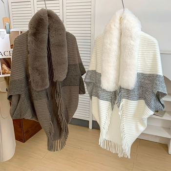 Zimska pletena pelerina-šal s krznom na ovratniku, warp-pleteni Jacquard, poliestersko vlakno, trokutasti stil šala, održava toplinu