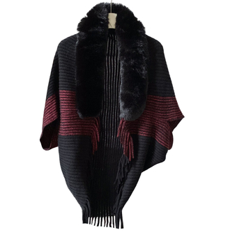Zimska pletena pelerina-šal s krznom na ovratniku, warp-pleteni Jacquard, poliestersko vlakno, trokutasti stil šala, održava toplinu