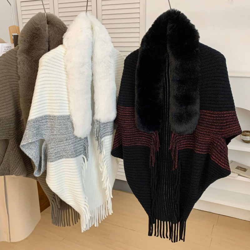 Zimska pletena pelerina-šal s krznom na ovratniku, warp-pleteni Jacquard, poliestersko vlakno, trokutasti stil šala, održava toplinu