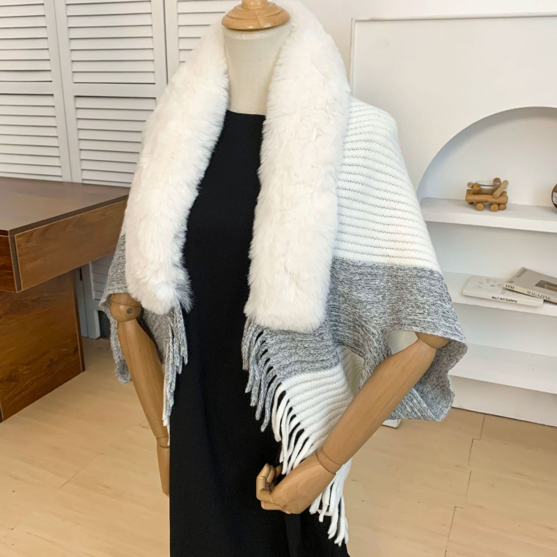 Zimska pletena pelerina-šal s krznom na ovratniku, warp-pleteni Jacquard, poliestersko vlakno, trokutasti stil šala, održava toplinu