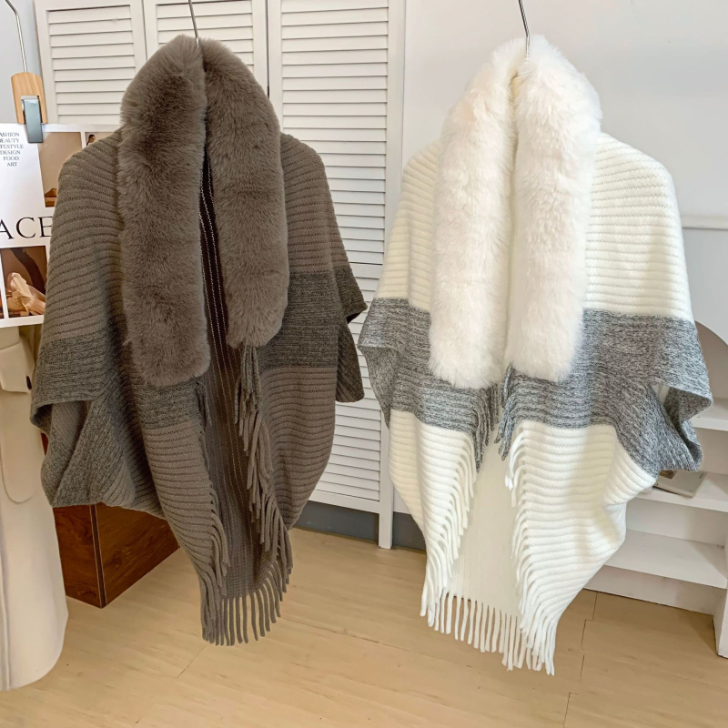 Zimska pletena pelerina-šal s krznom na ovratniku, warp-pleteni Jacquard, poliestersko vlakno, trokutasti stil šala, održava toplinu