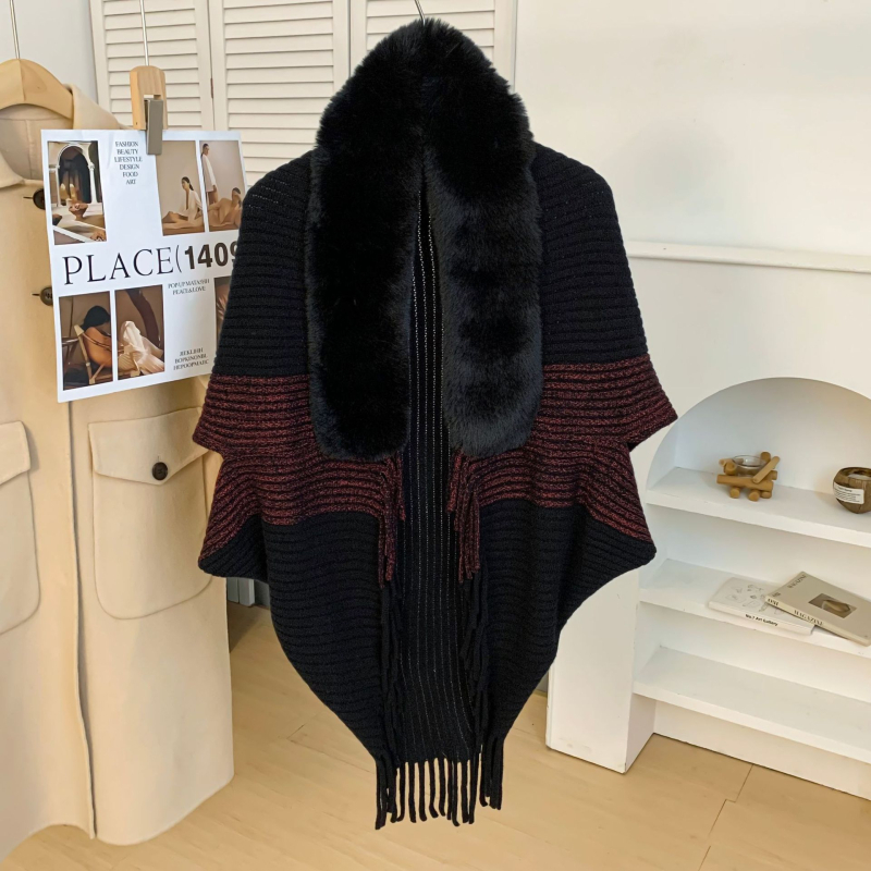 Zimska pletena pelerina-šal s krznom na ovratniku, warp-pleteni Jacquard, poliestersko vlakno, trokutasti stil šala, održava toplinu