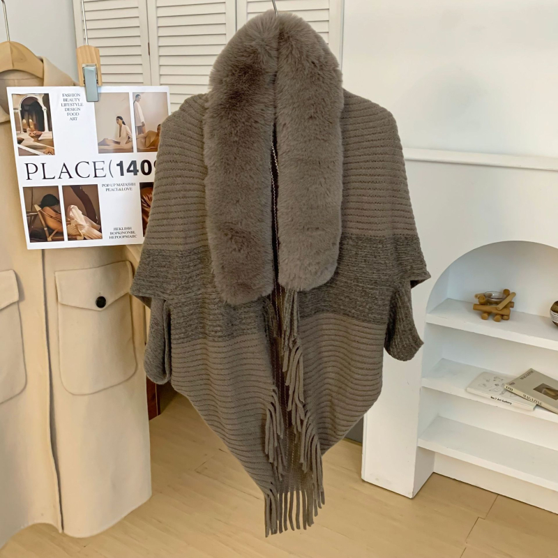 Zimska pletena pelerina-šal s krznom na ovratniku, warp-pleteni Jacquard, poliestersko vlakno, trokutasti stil šala, održava toplinu