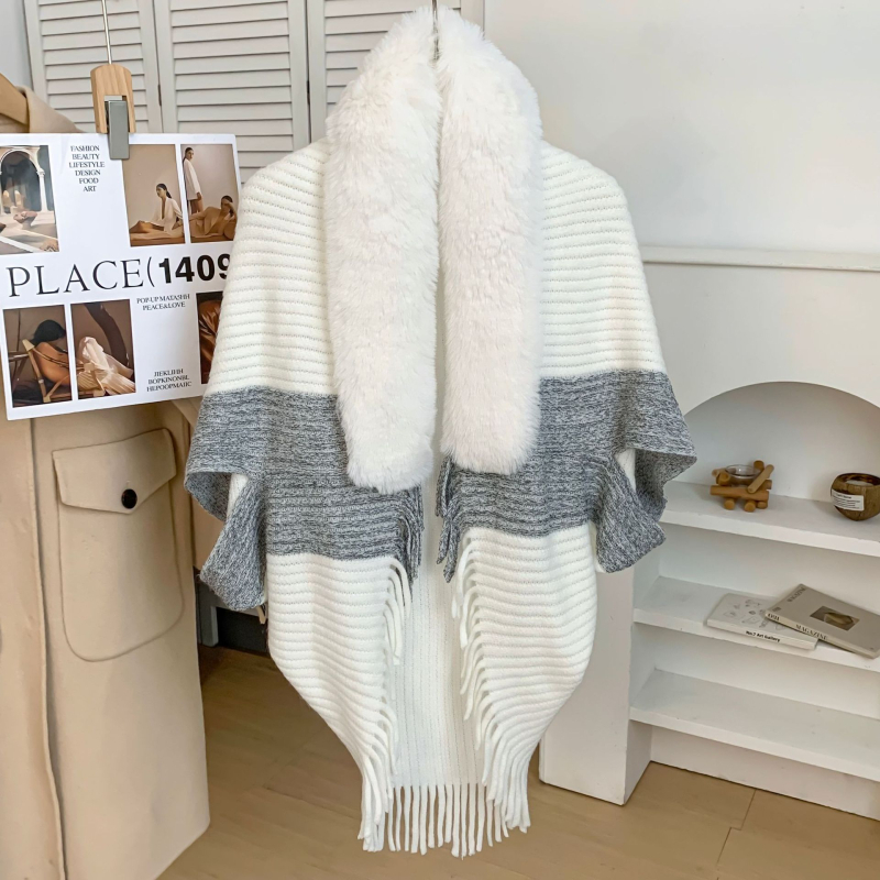 Zimska pletena pelerina-šal s krznom na ovratniku, warp-pleteni Jacquard, poliestersko vlakno, trokutasti stil šala, održava toplinu
