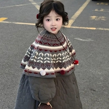 Korea-stiilis kapuutsiga beebemantel | kudutud geomeetrilise Fair Isle mustriga, hoiab sooja, unisus, 100 cm laius, talv-kevad-sügis