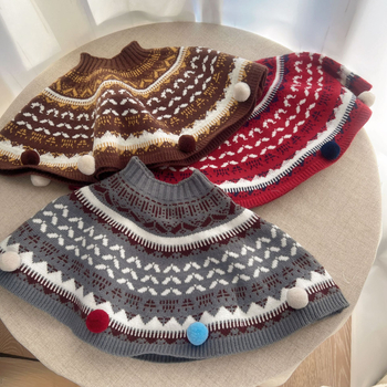 Korea-stiilis kapuutsiga beebemantel | kudutud geomeetrilise Fair Isle mustriga, hoiab sooja, unisus, 100 cm laius, talv-kevad-sügis