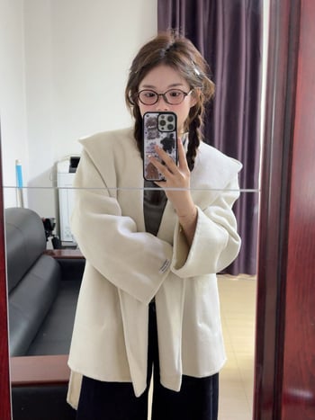 Női kapucnis gyapjúkabát, vastag, középhosszú, kézzel varrt, szabályos szabás, 2024 ősz