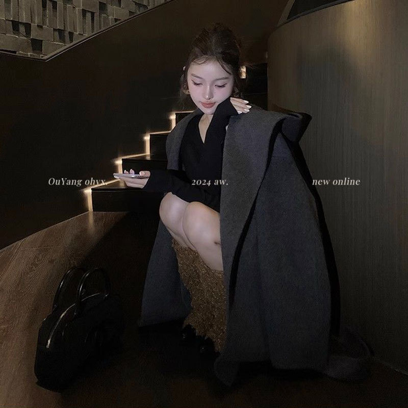 Női kapucnis gyapjúkabát, vastag, középhosszú, kézzel varrt, szabályos szabás, 2024 ősz