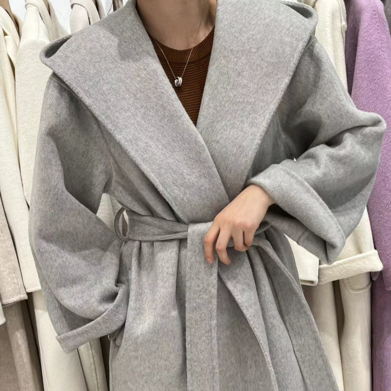 Női kapucnis gyapjúkabát, vastag, középhosszú, kézzel varrt, szabályos szabás, 2024 ősz