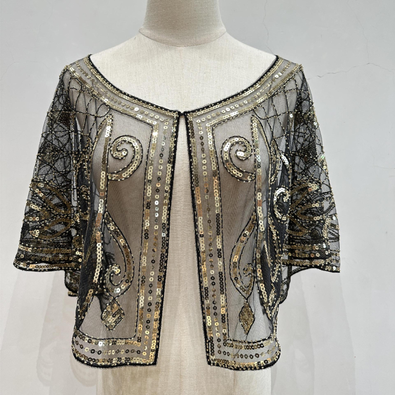 Женски триъгълен шал за външно облекло със пайети и мъниста, полиестер, всички сезони, устойчив на прах