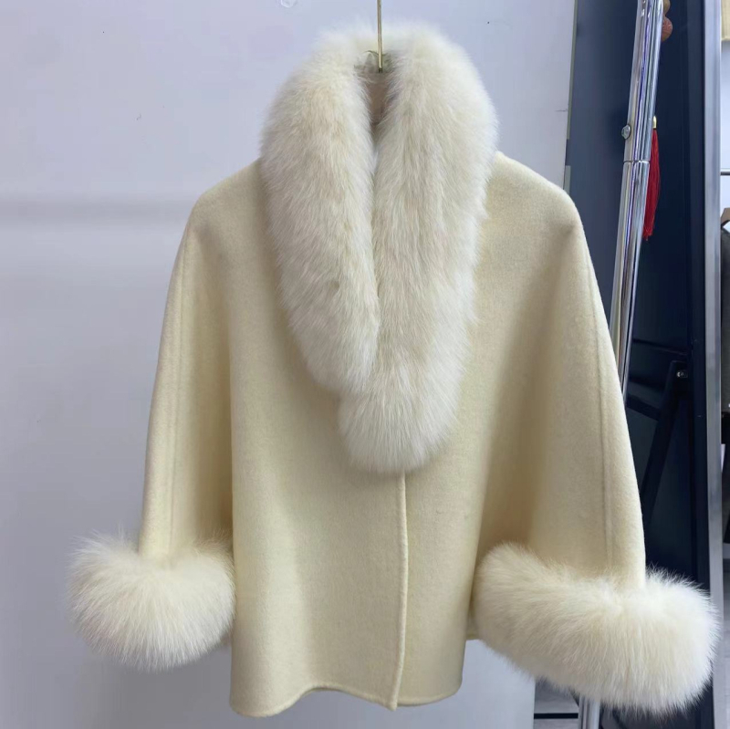 Moteriškas vilnos paltas kapės stiliumi, be rankovių, storas, laisvas kirpimas, vilnos-Lyocell mišinys