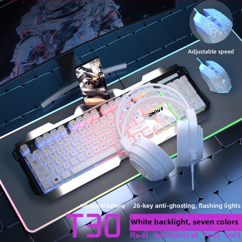 Жична клавиатура с 104 клавиша, USB връзка, мишка и слушалки — гейминг комплект от три части за лаптоп/компютър