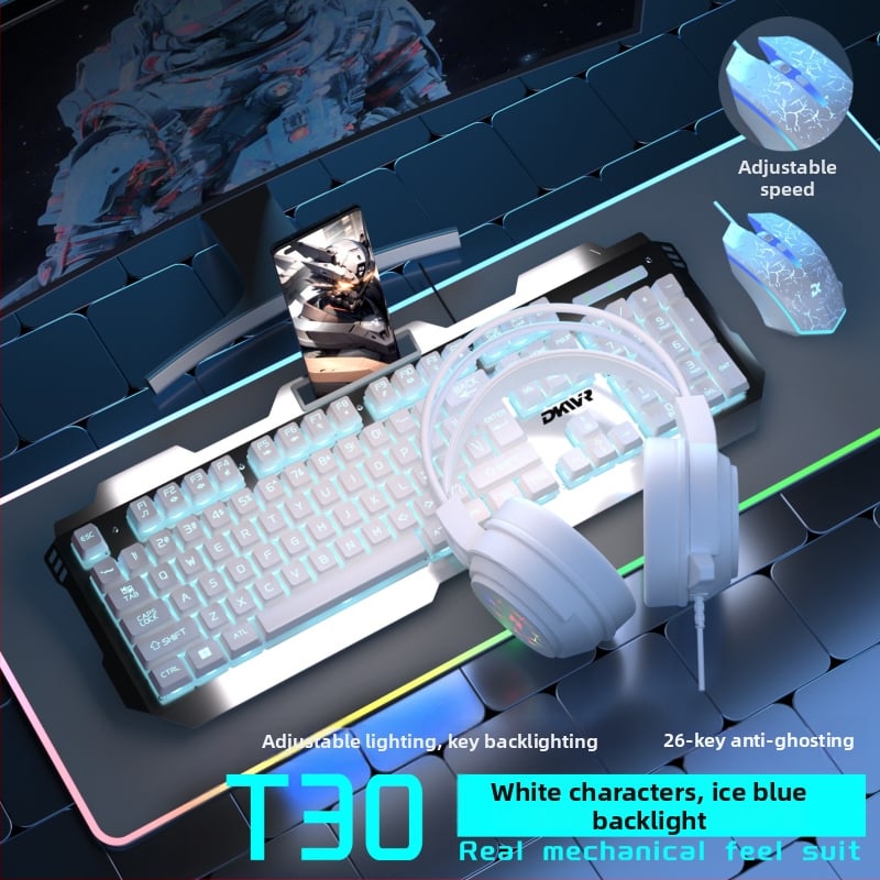 Жична клавиатура с 104 клавиша, USB връзка, мишка и слушалки — гейминг комплект от три части за лаптоп/компютър