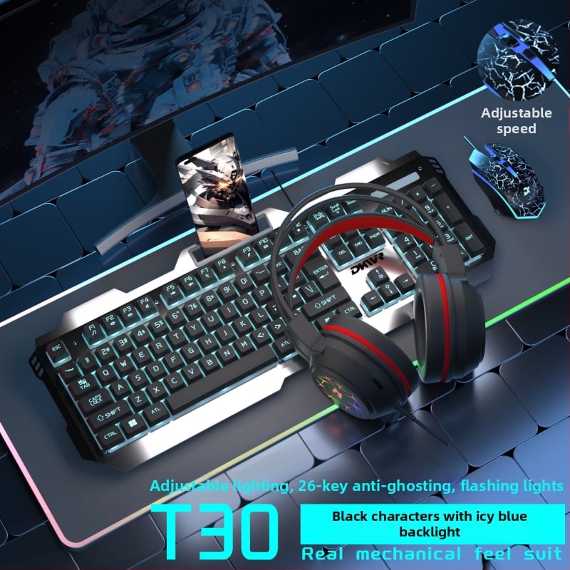 Жична клавиатура с 104 клавиша, USB връзка, мишка и слушалки — гейминг комплект от три части за лаптоп/компютър