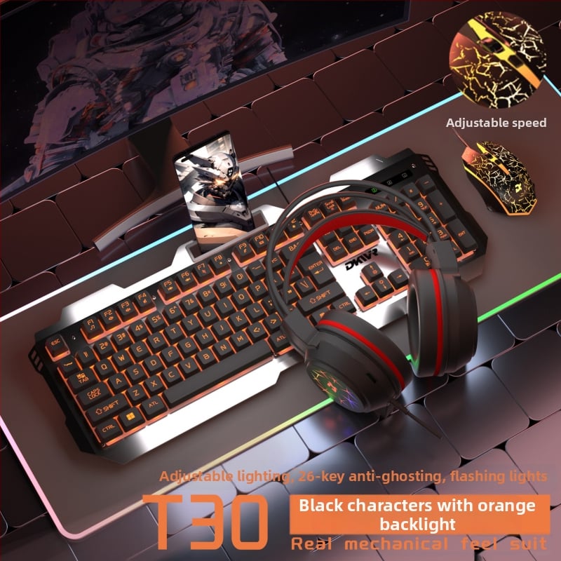 Жична клавиатура с 104 клавиша, USB връзка, мишка и слушалки — гейминг комплект от три части за лаптоп/компютър