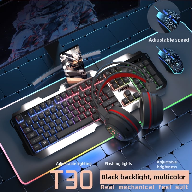 Жична клавиатура с 104 клавиша, USB връзка, мишка и слушалки — гейминг комплект от три части за лаптоп/компютър