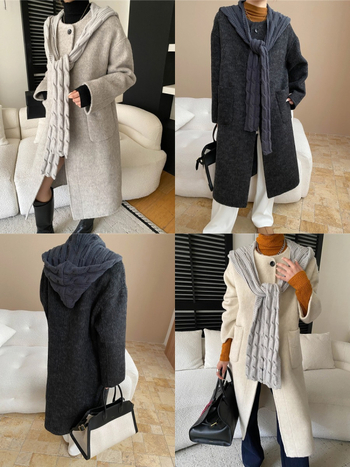 Moteriškas vilnos paltas, nuimama megzta gobtuvė, šalikui primenantis dizainas, apvali kaklo linija, ilgas siluetas, vienos eilės užsegimas