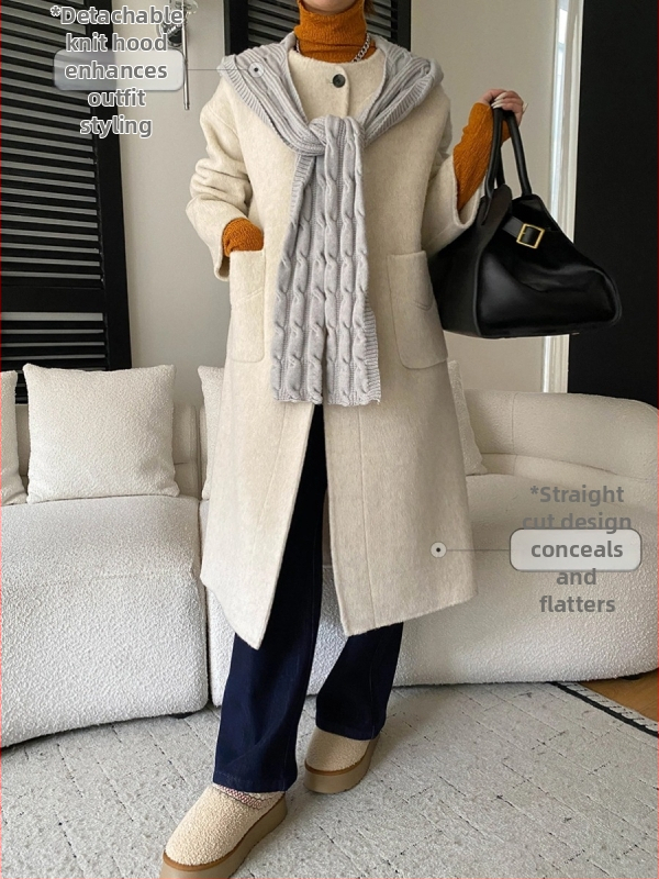 Moteriškas vilnos paltas, nuimama megzta gobtuvė, šalikui primenantis dizainas, apvali kaklo linija, ilgas siluetas, vienos eilės užsegimas
